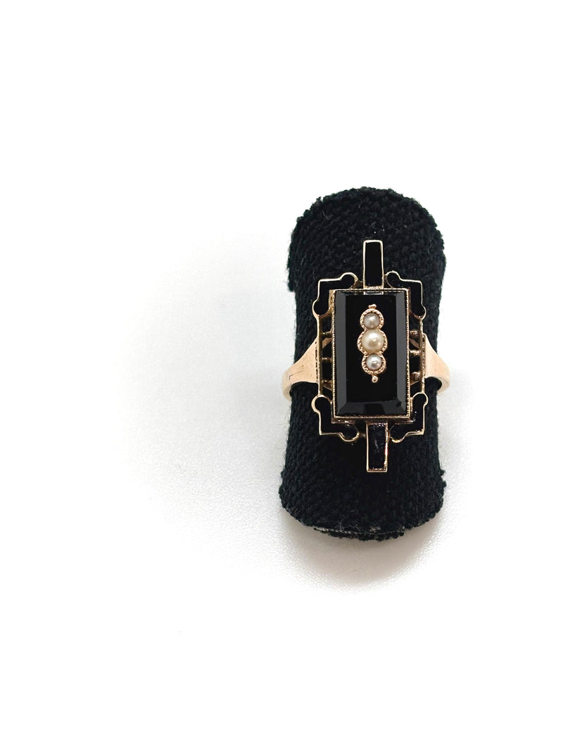 BAGUE ANCIENNE ONYX ET PERLES FINES