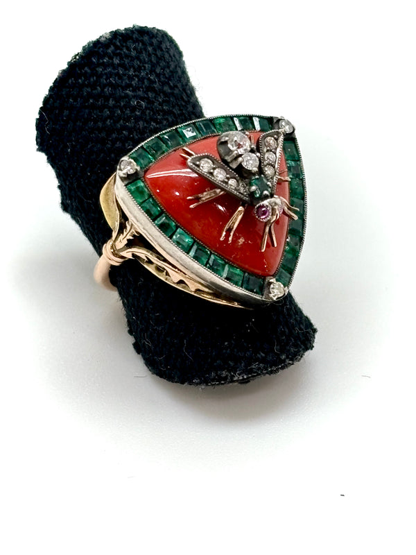 BAGUE ANCIENNE ABEILLE CORAIL DIAMANTS