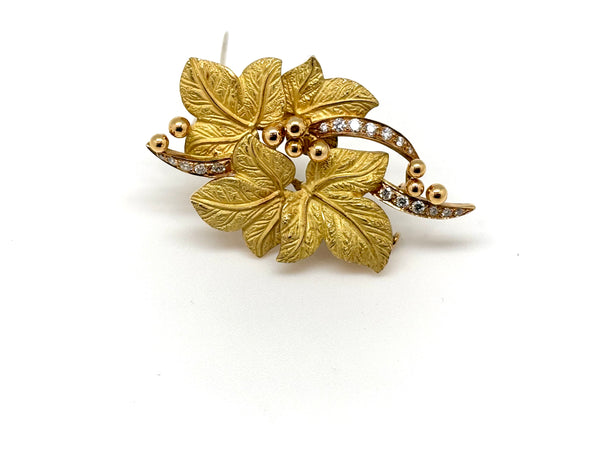 BROCHE 4 FEUILLES OR/DIAMANTS