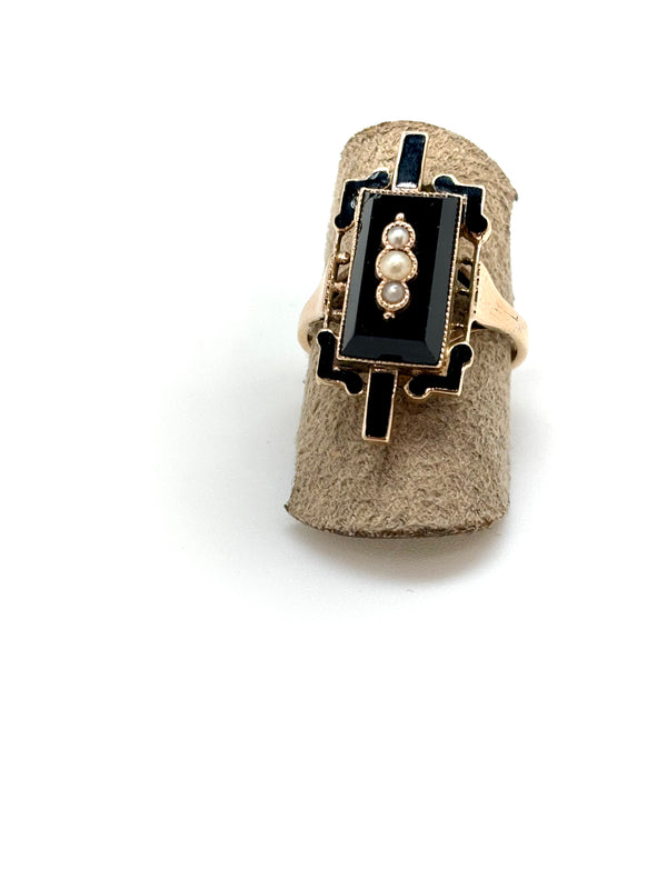 BAGUE ANCIENNE ONYX ET PERLES FINES