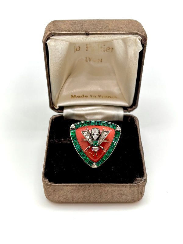 BAGUE ANCIENNE ABEILLE CORAIL DIAMANTS