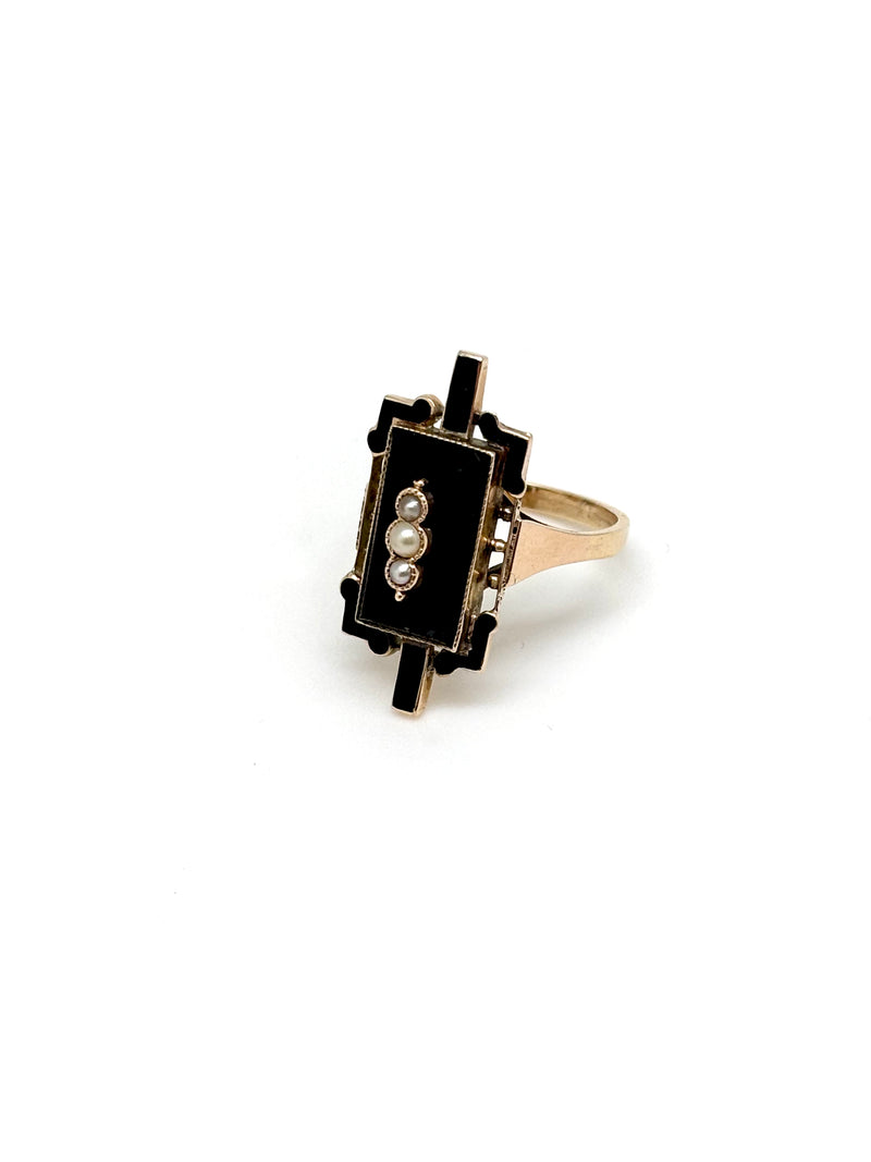 BAGUE ANCIENNE ONYX ET PERLES FINES