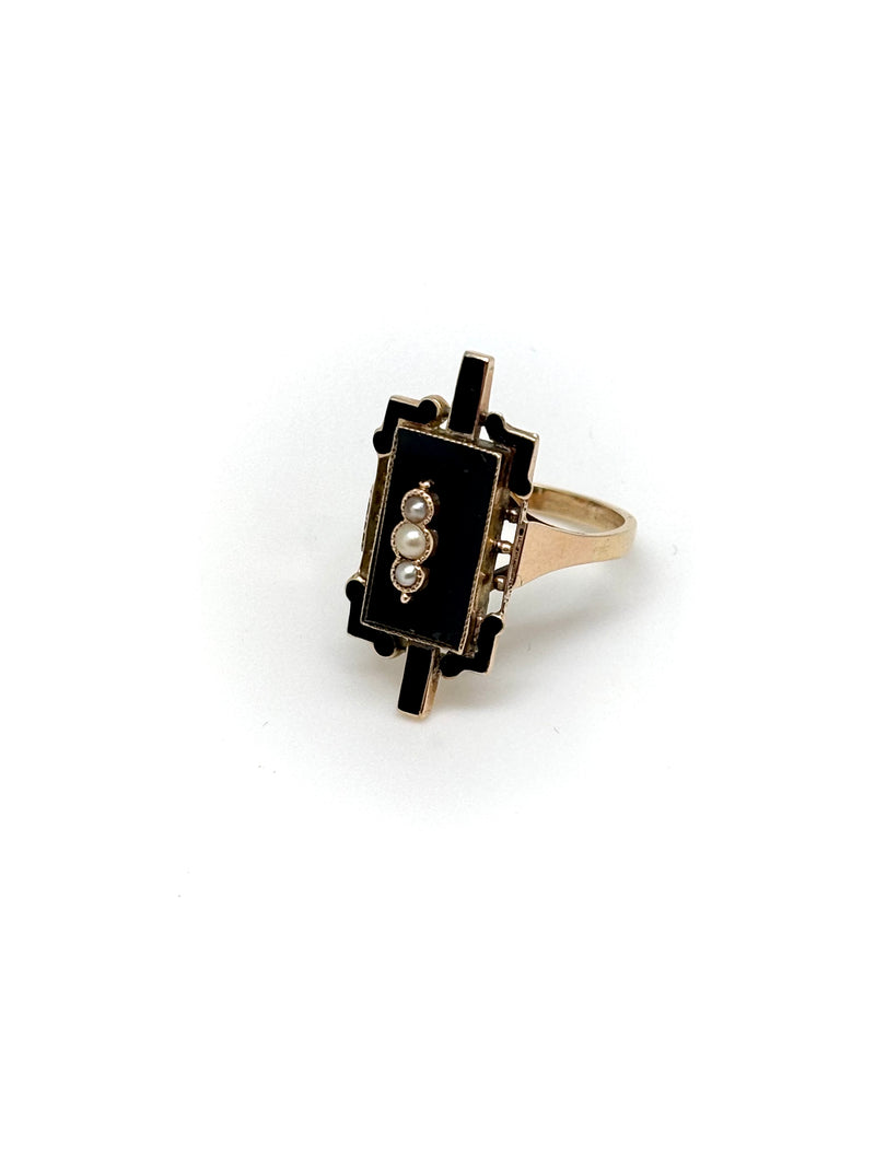 BAGUE ANCIENNE ONYX ET PERLES FINES
