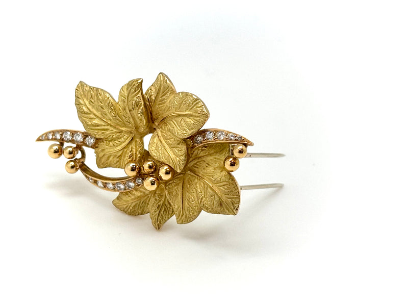BROCHE 4 FEUILLES OR/DIAMANTS