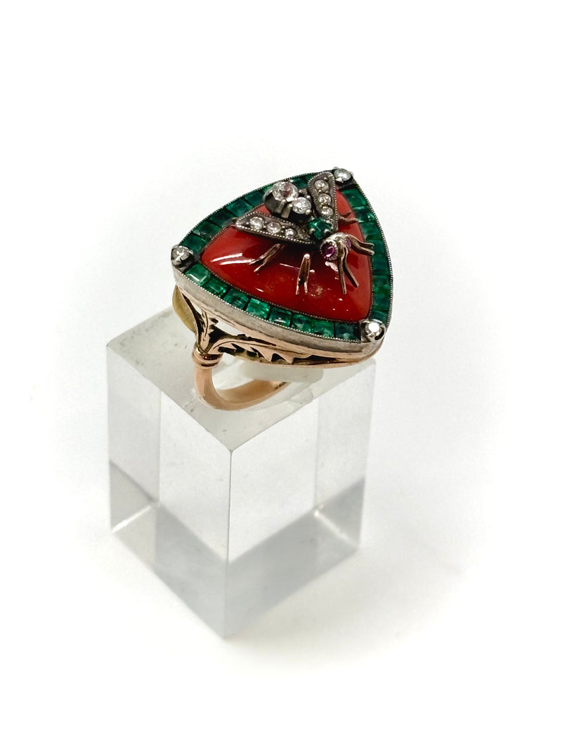 BAGUE ANCIENNE ABEILLE CORAIL DIAMANTS