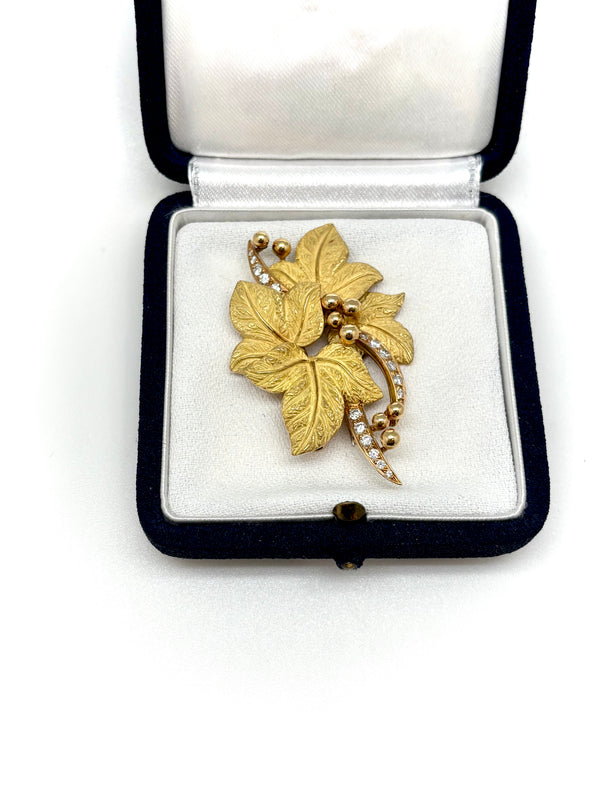 BROCHE 4 FEUILLES OR/DIAMANTS