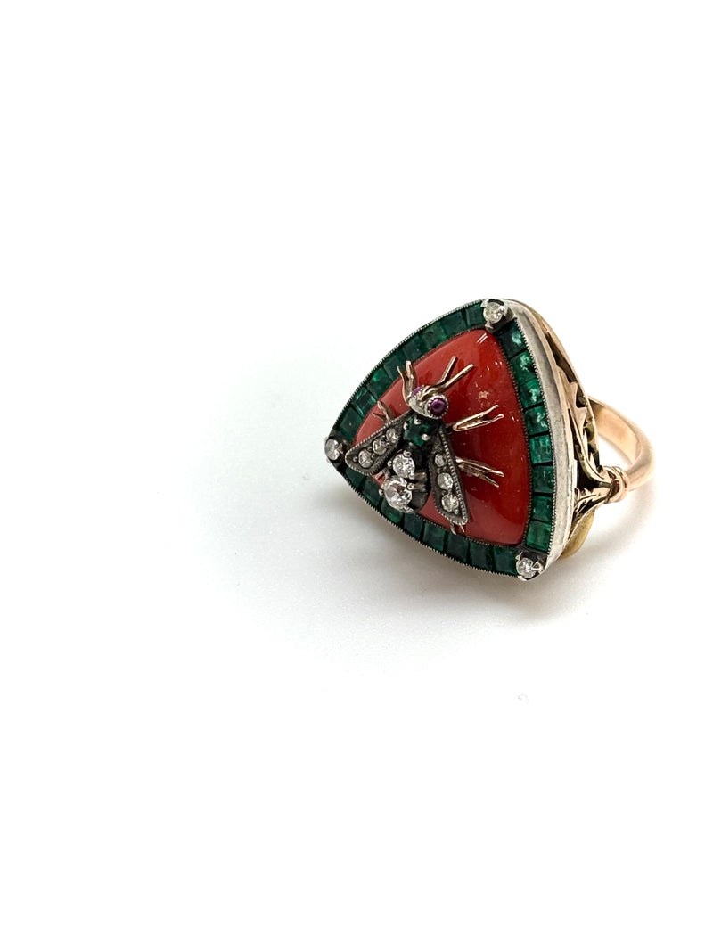 BAGUE ANCIENNE ABEILLE CORAIL DIAMANTS